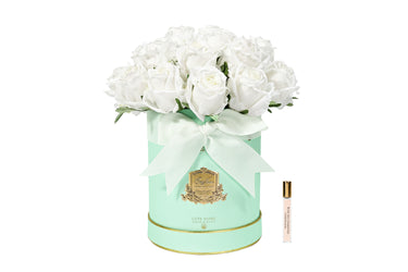 Hat Box Rose Bud Bouquet - Tiffany Blue Box with White Rose Buds- HBB01 (Carton of 1)